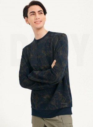 Navy DKNY Tropical Knit Mixed Media Crewneck Men's Sweatshirts | Malaysia_D1051