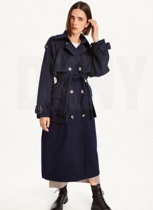 Navy DKNY Wool Trench With Belt Women's Coats | Malaysia_D1874