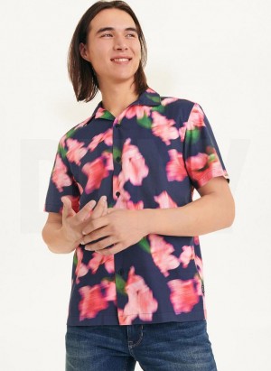Navy / Pink DKNY Blurred Floral Camp Men's Shirts | Malaysia_D1012