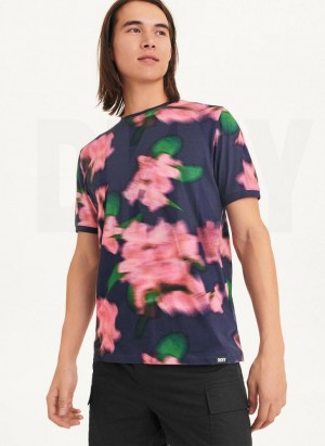 Navy / Pink DKNY Blurry Floral Crew Men's T Shirts | Malaysia_D1366