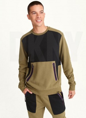 Olive Black DKNY Long Sleeve Color Block Crew Neck Men's Sweatshirts | Malaysia_D0925
