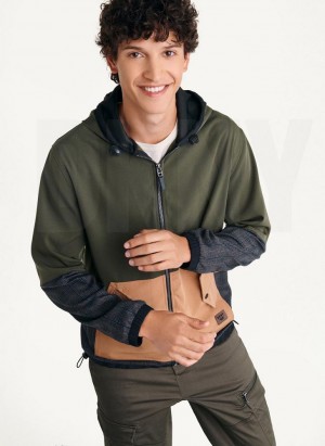 Olive DKNY Long Sleeve Mixed Media Hooded Men's Jackets | Malaysia_D1975