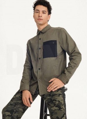 Olive DKNY Mixed Media PockeT-Shirt Jacket Men's Shirts | Malaysia_D1820