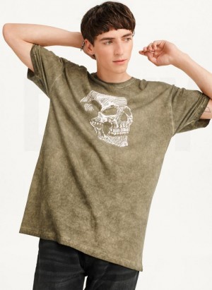 Olive DKNY Pigment Dye Sketched Skull Men's T Shirts | Malaysia_D0988