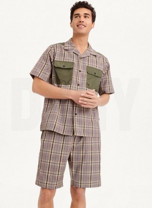 Olive DKNY Plaid/Solid Mixed Short Sleeve Knit Men's Shirts | Malaysia_D0677