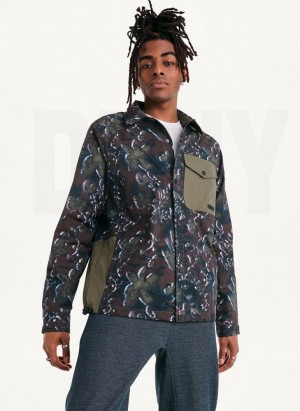 Olive DKNY Printed Nylon Single Breast Drawstring Hem Men's Jackets | Malaysia_D1243