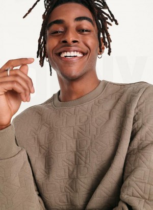 Olive DKNY Quilted Knit Allover Logo Crewneck Men's Sweatshirts | Malaysia_D0972