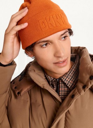 Orange DKNY 3D Logo Men's Beanie | Malaysia_D0808