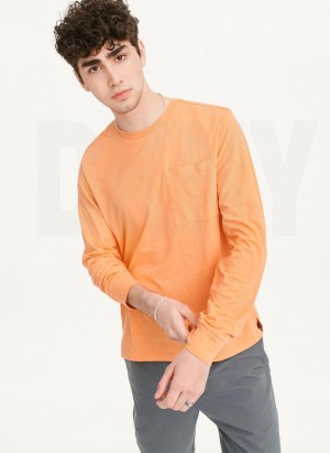 Orange DKNY Long Sleeve Crew Pocket Slub Jersey Men's T Shirts | Malaysia_D1594
