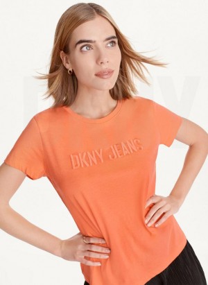 Orange DKNY Short Sleeve Embossed Logo Women's T Shirts | Malaysia_D1891
