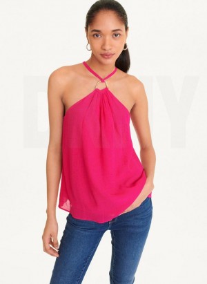 Pink DKNY Crinkle Rayon Crossover Blouse Women's Tank Top | Malaysia_D1455