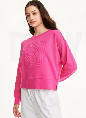 Pink DKNY Embossed Logo Crewneck Women's Sweatshirts | Malaysia_D0589