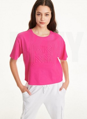 Pink DKNY Embossed Logo Jersey Women's T Shirts | Malaysia_D1081