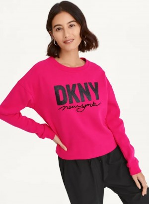 Pink DKNY Glitter Script Logo Cropped Raw Edge Women's Sweatshirts | Malaysia_D1895