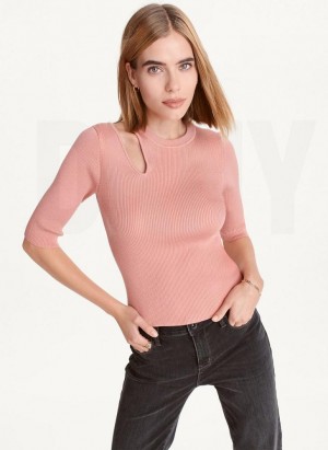 Pink DKNY Short Sleeve Shoulder Cut Out Women's Sweaters | Malaysia_D0204