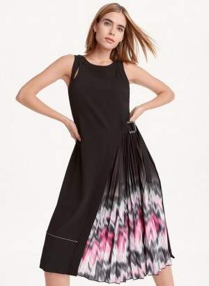 Purple DKNY Crewneck Printed Mix Pleated Midi Women's Dress | Malaysia_D0462
