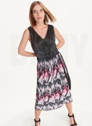 Purple DKNY Printed Pleated Women's Dress | Malaysia_D0350