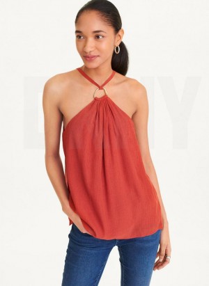 Red DKNY Crinkle Rayon Crossover Blouse Women's Tank Top | Malaysia_D0277