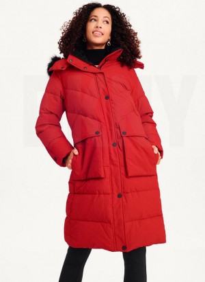 Red DKNY Long Puffer With Faux Fur Hood Women's Coats | Malaysia_D1608