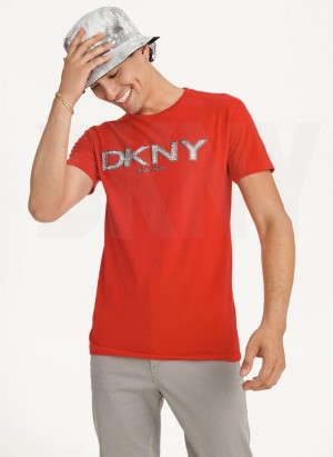 Red DKNY Metallic Puff Logo Men's T Shirts | Malaysia_D0411