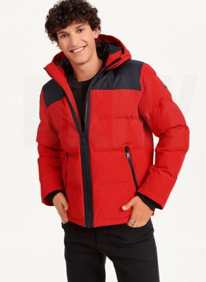 Red DKNY Mixed Media Classic Men's Puffer Jacket | Malaysia_D1525