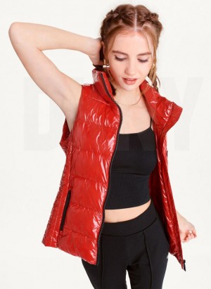 Red DKNY Wet Token Logo Puffer Vest Women's Coats | Malaysia_D1280