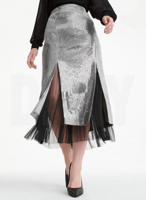 Silver DKNY Sequin Midi With Tulle Women's Skirts | Malaysia_D1160