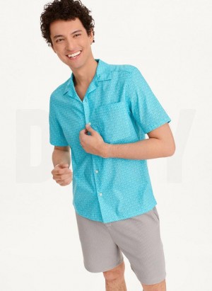 Turquoise DKNY Interlocking Allover Logo Men's Shirts | Malaysia_D0365