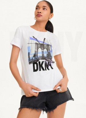 White DKNY Brooklyn Bridge Logo Women's T Shirts | Malaysia_D0582
