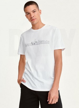 White DKNY Cityscape Sketch Men's T Shirts | Malaysia_D1172