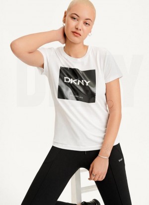 White DKNY Coated Box Logo Women's T Shirts | Malaysia_D1847