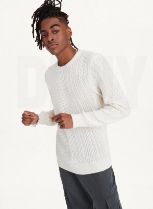 White DKNY Diagonal Cable Crew Men's Sweaters | Malaysia_D0267