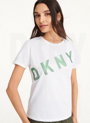White DKNY Diagonal Rhinestone Logo Women's T Shirts | Malaysia_D0325