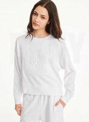White DKNY Embossed Logo Crewneck Women's Sweatshirts | Malaysia_D1029