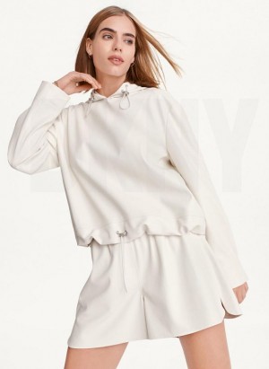 White DKNY Faux Leather Women's Hoodies | Malaysia_D0468