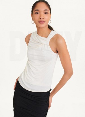 White DKNY Gathered Knit Women's Tank Top | Malaysia_D1340