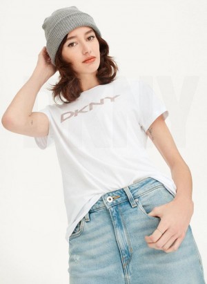 White DKNY Glitter Logo Women's T Shirts | Malaysia_D0188