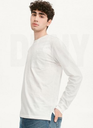 White DKNY Long Sleeve Crew Pocket Slub Jersey Men's T Shirts | Malaysia_D0826