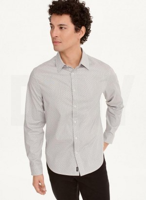White DKNY Long Sleeve Interlocking Logo Men's Shirts | Malaysia_D1498