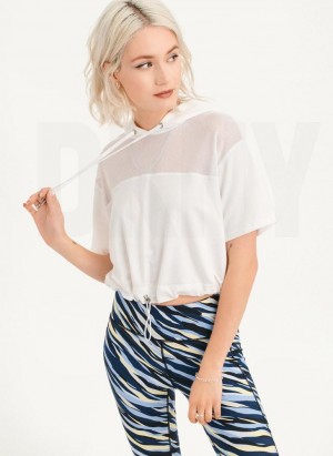 White DKNY Mesh Blocked Short Sleeve Women's Hoodies | Malaysia_D1303