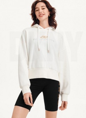 White DKNY Mixed Distressed Metallic Logo Cropped Women's Hoodies | Malaysia_D0911