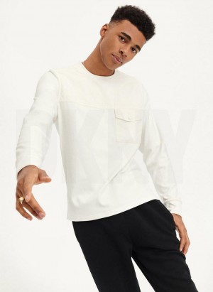 White DKNY Mixed Media Pocket Long Sleeve Knit Men's T Shirts | Malaysia_D1475
