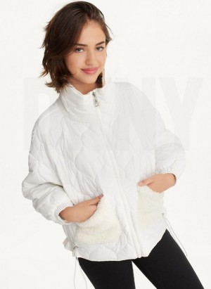 White DKNY Quilted With Sherpa Pockets Women's Coats | Malaysia_D1876