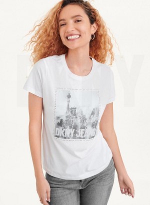 White DKNY Short Sleeve City Logo Women's T Shirts | Malaysia_D1479