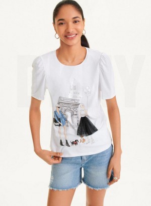 White DKNY Short Sleeve Conversational Women's T Shirts | Malaysia_D1142