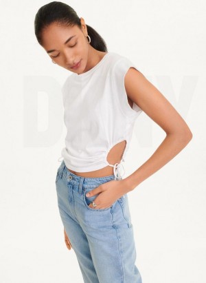 White DKNY Short Sleeve Side Cut Women's T Shirts | Malaysia_D0413