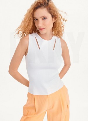 White DKNY Shoulder Cut Out Sweater Women's Tank Top | Malaysia_D1600