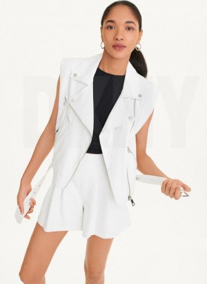 White DKNY Sleeveless Vegan Leather Moto Women's Jackets | Malaysia_D1731