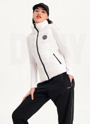 White DKNY Wet Token Logo Puffer Vest Women's Coats | Malaysia_D0606