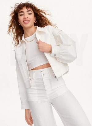 White DKNY Zip Front Flange Denim Women's Jackets | Malaysia_D1371
